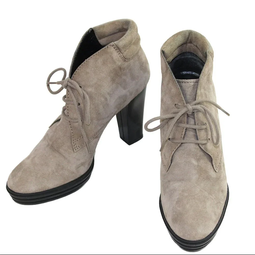 Hogan Catawiki Sand Suede Lace-Up Heeled Ankle Boot, Size 36.5 (US 6.5)